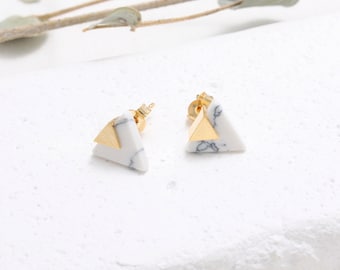 White Howlite Triangle Stud Earrings, Arrow White Marble Stud Earrings
