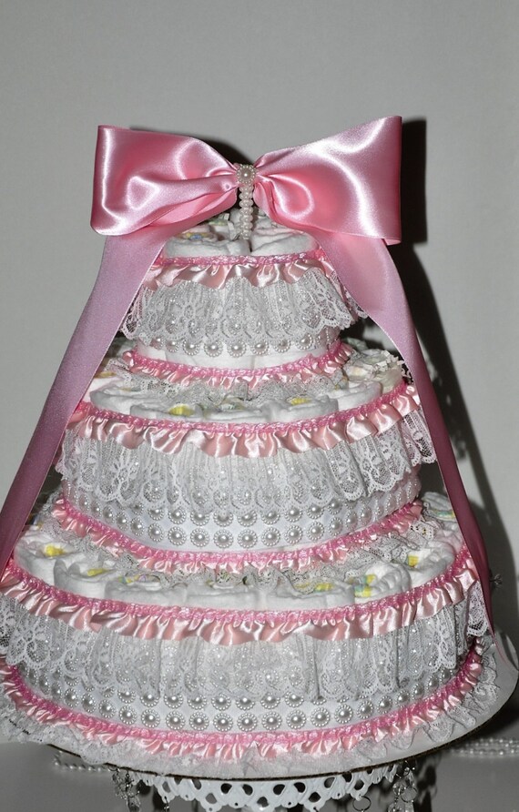 table shower elegant baby Elegant Girl Baby Lace, Baby Cake & Shower Diaper Pink White Pearls