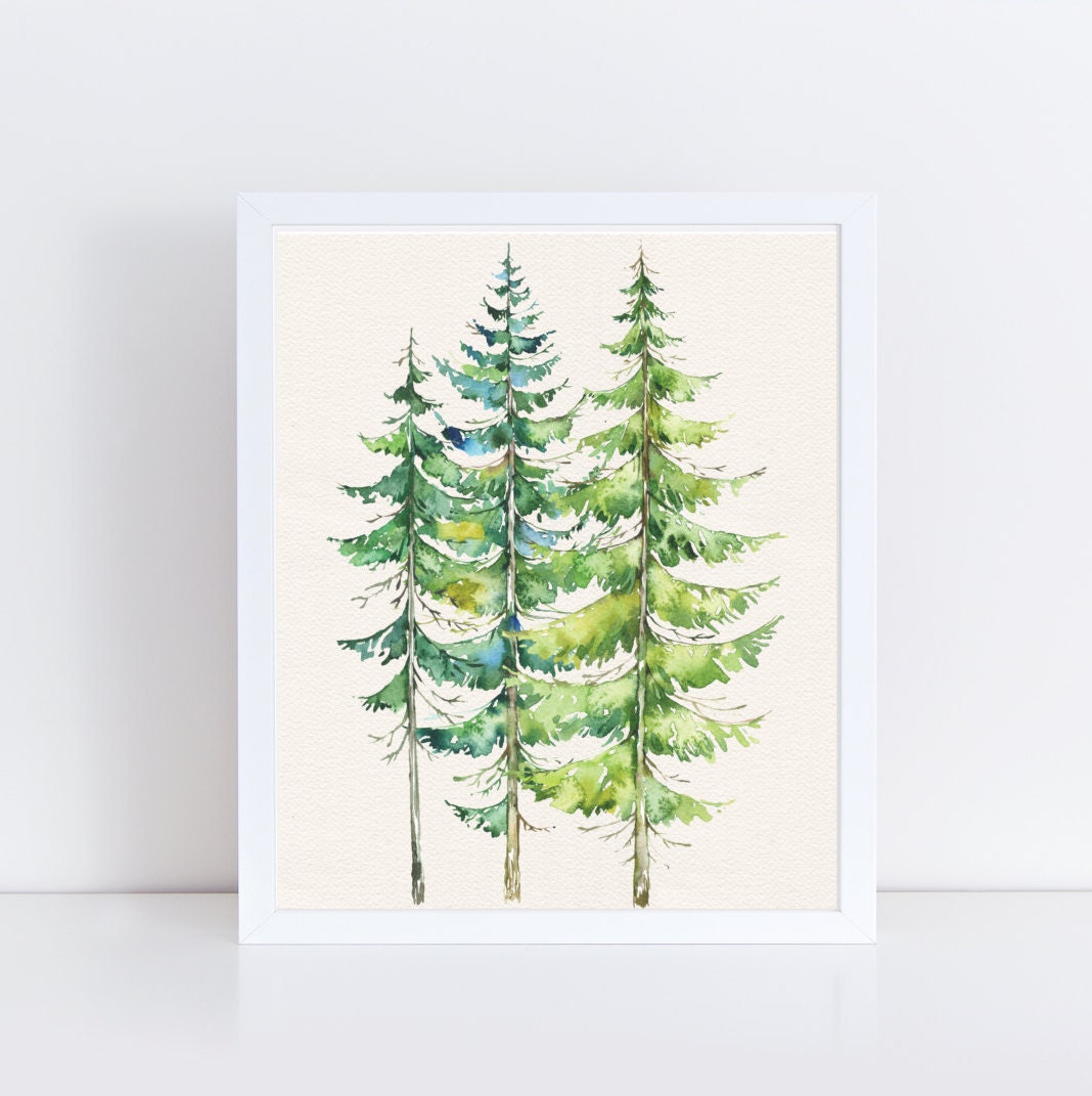 Watercolor Evergreen Trees Printable Art Print 8x10. 5x7