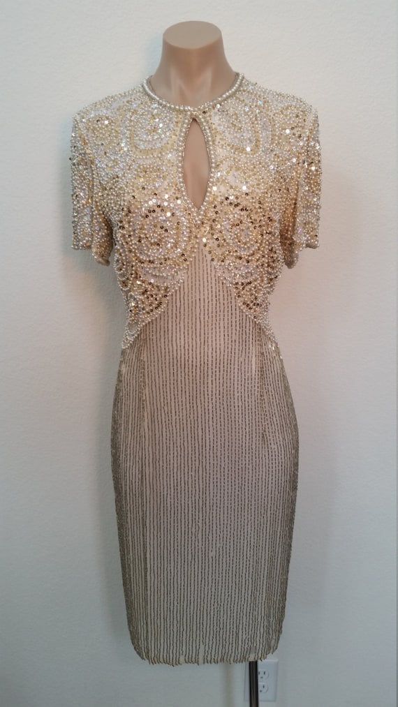 Neiman Marcus Vintage Dress. Beaded Sequined White Cream