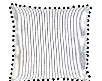 Black and White Pom Pom Throw Pillow - Striped Linen Decoritive Pillows - Black and White Home Decor - Pom Pom Accessories - Classic Stripes