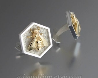 HONEY BEE cufflinks sterling silver and 14k yellow gold honeybee cuff links
