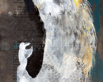 Furry White Bird Fish Monoprint Original Sea Monster