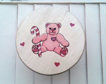 Wooden Keepsake Box, Wooden Trinket Box, Wooden Heart Box, Teddy Bear Painted Wooden Box, Heart Box Wooden Container, Wooden Stash Box,