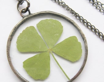 four leaf clover necklace - real four leaf clover - black clover necklace - st patricks day - statement necklace - 4 leaf clover