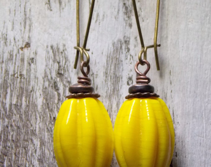 Yellow Glass Bead Earrings Long Dangle Rustic Earrings Boho Chic Earrings Copper Earrings Jewelry Mixed Metal Brass Earrings