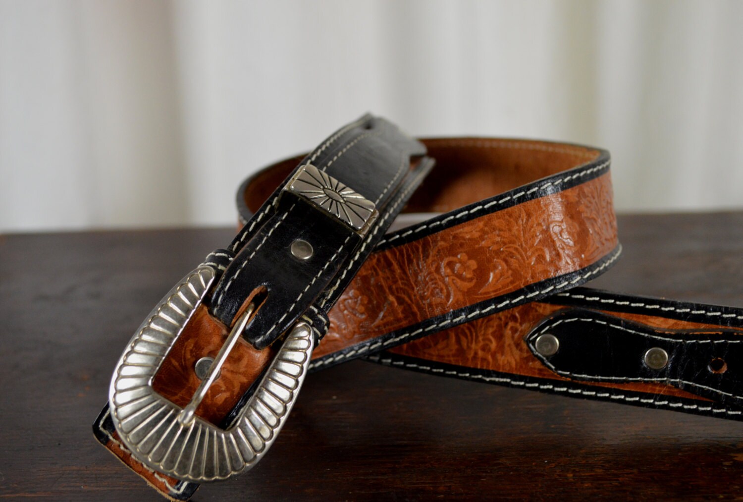 Western Belt Hand Carved Belt Two Toned Belt Gift for Him