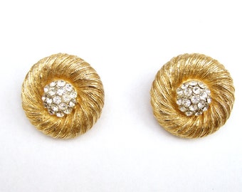 Signed Kramer Vintage Clear Rhinestone Gold Tone Clip on Earrings 24 mm