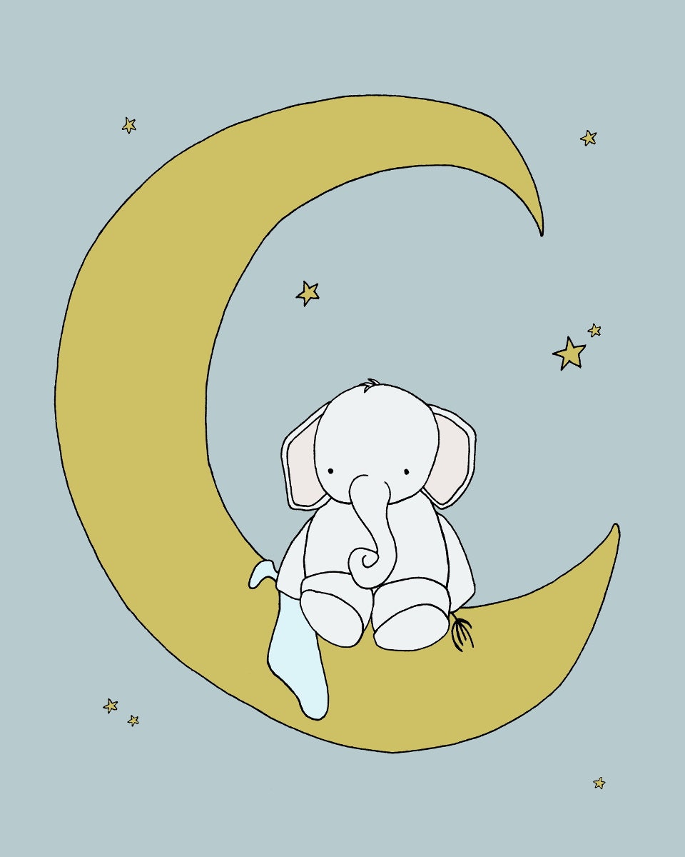 Elephant Nursery Art Print Baby Elephant Moon and Stars