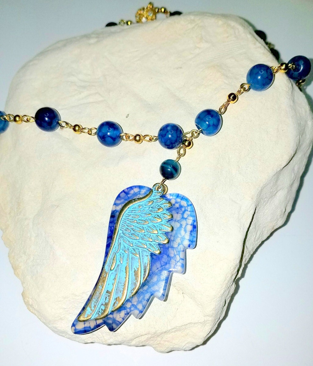 Blue Dragon Vein Agate Wing Pendant with Gemstone Necklace