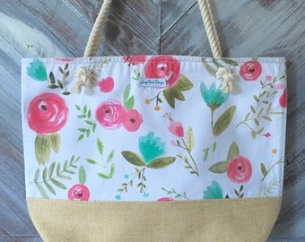 Roses & Burlap Beach Bag, Large Tote, Monogram Beach Bag