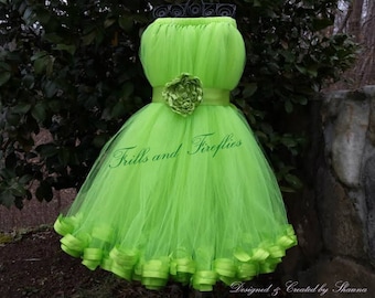 Green Flower Girl Dress with Ribbon Hem & Green Satin Flower Sash..Spring Collection..Other Available Colors Sizes 1t, up to Size 10