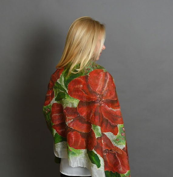 Red Flowers Scarf | White Red Green Scarf | Felted Shawl | Hand Painted Shawl | Designer Scarf | Designer Clothing