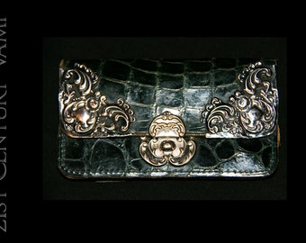 Antique Edwardian Coin Purse by Ludwig Krumm 1903. Art Nouveau. Forest Green Alligator Leather & Hallmarked Silver. Goldpfeil. Montblanc.