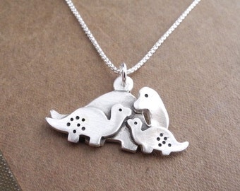 Mother and Two Baby Dinosaurs Necklace, Mom and Two Kids, Fine Silver, Sterling Silver Chain, Made To Order