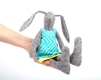 Cuddling bunny , Cuddling bunny , handmade rabbit doll , baby girl bunny , Plush SMALL fabric Doll ,pure knitted silk rabbit ,aqua turquoise
