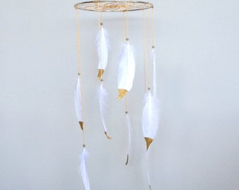 Gold-Dipped Feather Mobile, Baby Mobile, Dream Catcher Mobile, White and Gold Feather Mobile, Boho Mobile, Boho Nursery Mobile
