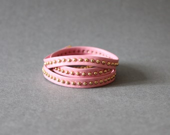 3 Layered Leather Bracelet with Gold Studs (Pink)