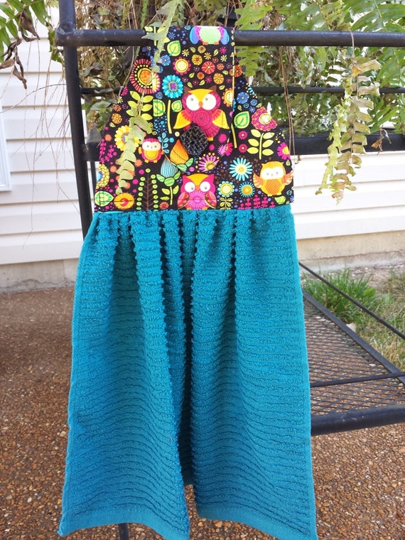 RESERVED for Christin L. Hanging Hand Towel Owls and Teal