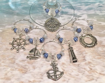6 Nautical Wine Glass Charms, Wine Glass Favors, Barware, Nautical Gifts, Wine Lover Gifts, Nautical Bar Accessories, Nautical Wine Charms