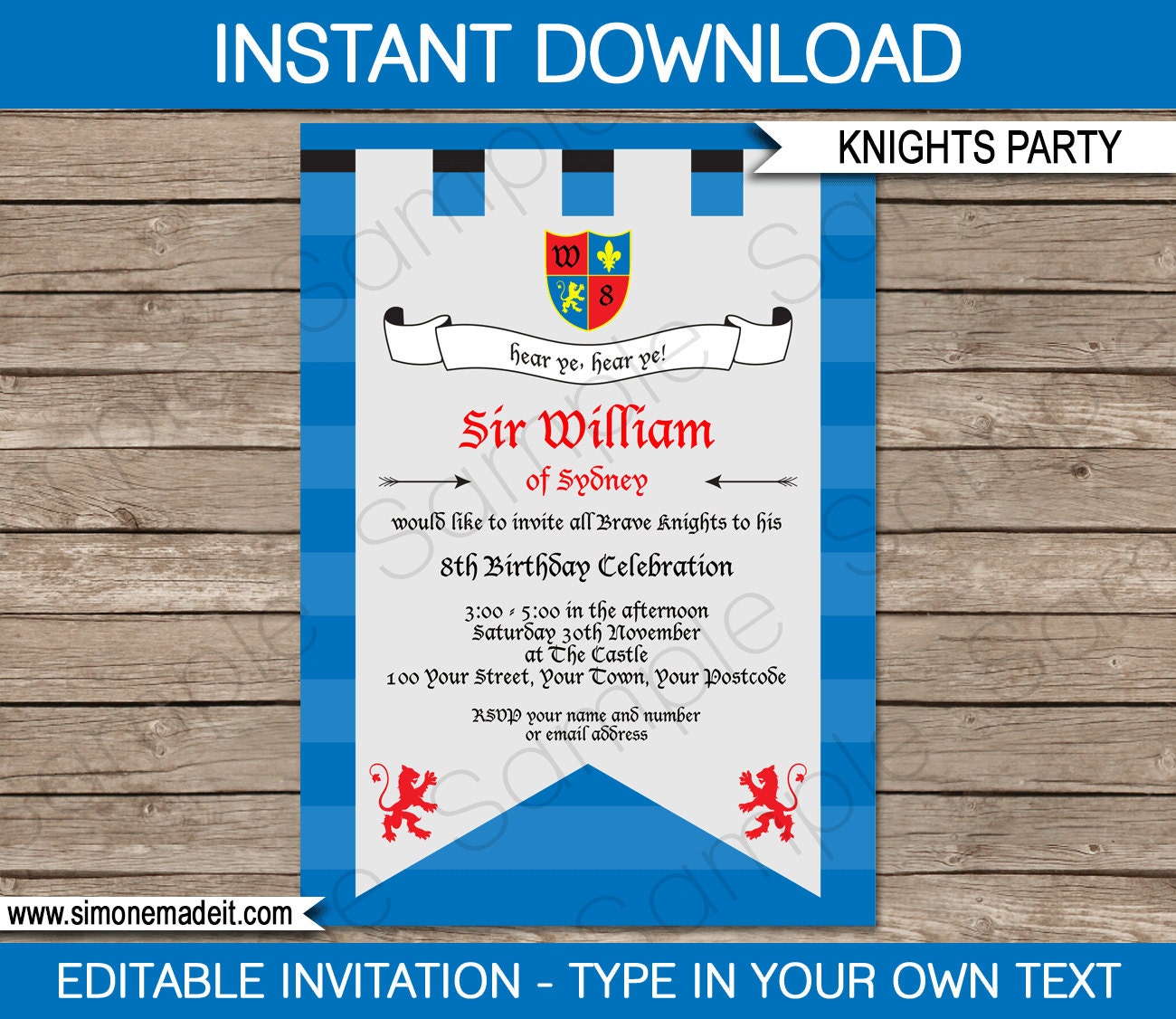Medieval Invitation Template Knight Birthday Party INSTANT