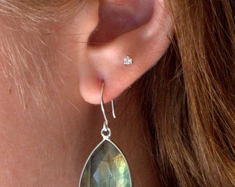 Silver Labradorite Drop Earrings, Silver Dangle Drop Earrings, Sterling Silver Labradorite Earrings, Large Gemstone Earrings Jewelry