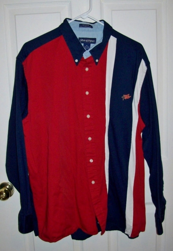 mens red white and blue button down shirt