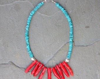 Coral and turquoise necklace, coral necklace, turquoise necklace, statement necklace, sterling silver