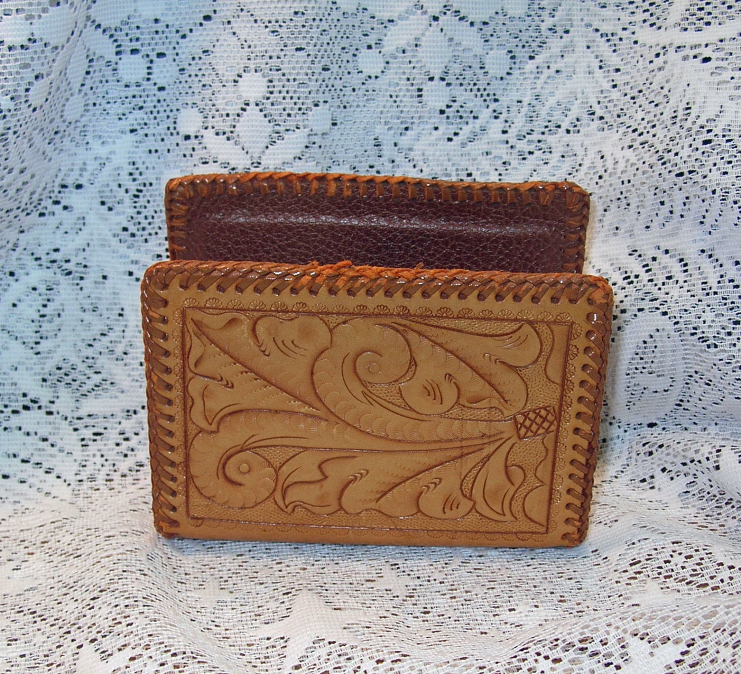 Vintage Leather Letter Holder Hand Tooled and Hand Made MINT