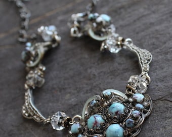 Assemblage Necklace, vintage blue and rhinestones, antique, victorian, jewelry, statement, gorgeous, repurposed up cycled
