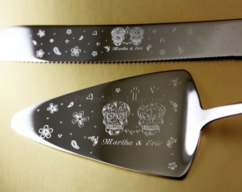 Day of the Dead, Dia de los Muertos, Dod, Cake Server, Cake Knife, Cake Cutter, Sugar Skull, Personalized Name, Engrave Sugar Skull Cake Set