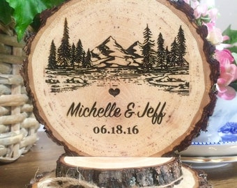 Rustic Mountain Wedding Cake Topper, Tree Cake Topper, Wood Cake Topper, Engraved Topper, Custom Cake Topper, Personalized Topper, Handmade
