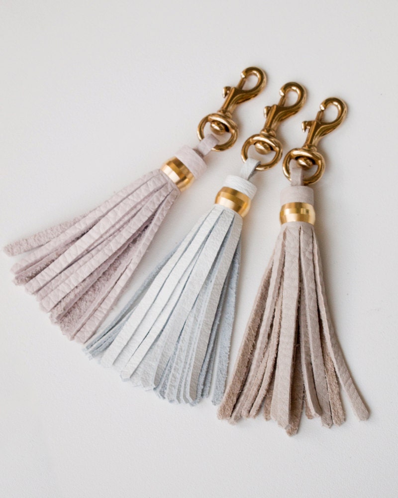 Leather Clip on Tassel / Blush White Grey / Brass Keychain