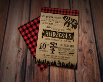 Lumberjack Birthday Invitation/Red Plaid/Green Plaid/First Birthday/Rustic/Forest Invite