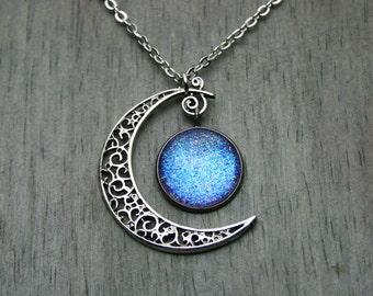 Aurora Moonlight - Color Shifting - Swirled Crescent Moon - Antique Silver Necklace