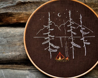 Camping embroidery pattern, Hand embroidery patterns, Adventure, Mountains and Pine trees by NaiveNeedle