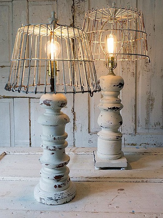 Wooden baluster table lamp rustic farmhouse distressed wood