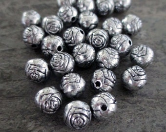 8 mm silver toned rose beads round engraved rosary supplies, lot of 20 pcs