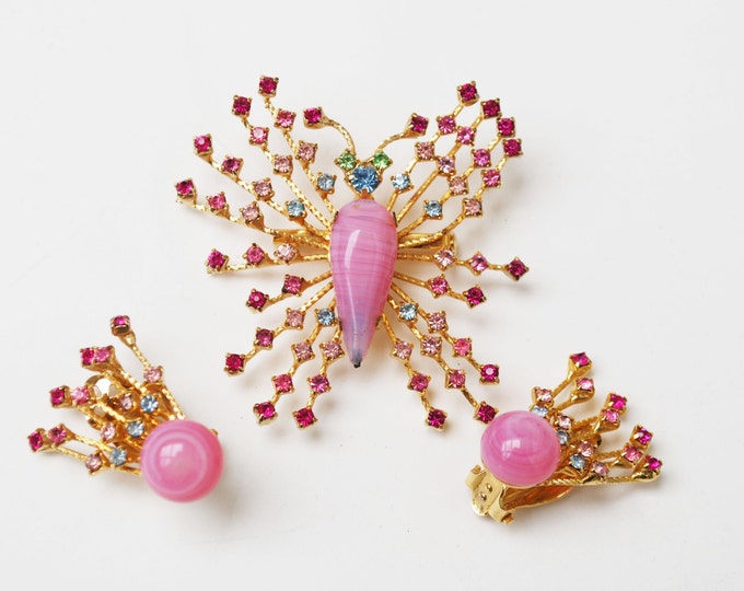 Pink Butterfly Brooch and earring set - Warner Signed - Pink Art Glass Rhinestone - clip on earrings