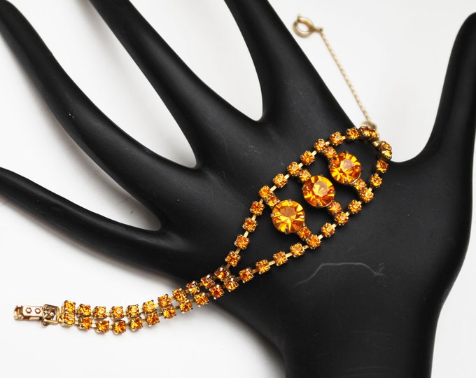 Rhinestone Bracelet Amber Orange rhinestones safety chain Mid century