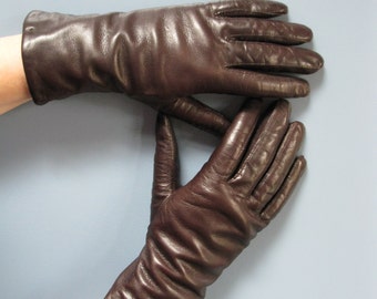 Vintage 1980's Chocolate Brown Leather Gloves Ladies Lined Winter Gloves