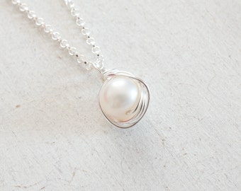 SALE Freshwater Pearl Necklace, Pearl Silver Necklace, June Birthstone, AA Pearl Necklace, Bridesmaids Gifts, Pendant Necklace, Wife Gift