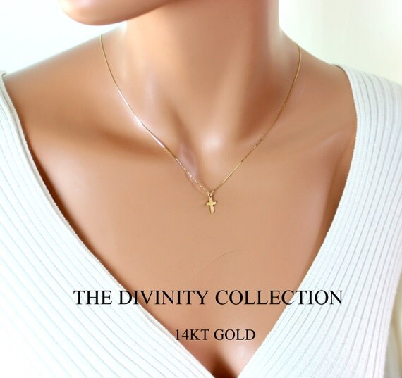 14KT SOLID GOLD Cross Necklace Women Simple by divinitycollection