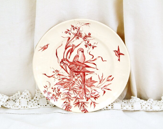 Antique French Ironware Longchamp China Wall Plate with a Burgundy Red 2 Parrots Pattern, Vintage Retro Chateau Chic, French Country Decor