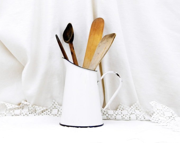Small Sized Antique French White Enamelware Pitcher, Enamel Jug Vase, Cottage Kitchen, Farmhouse French Country Decor Rustic HomeChic