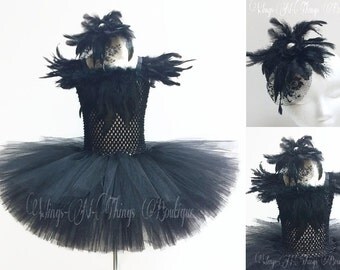 BLACK SWAN COSTUME 2pc Set, Tutu Dress, Crow, Raven, Blackbird, Hair Accessory, Girls, Halloween, Toddler, Ballet, Pageant, Ballerina, Kids