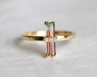 Watermelon Tourmaline Ring, Bi Color Tourmaline Ring, Unique Engagement Ring, Baguette Engagement Ring, Gold Tourmaline Ring