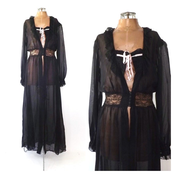 Vintage 1940s Black Sheer Lace Robe Peignoir Gothic Victorian