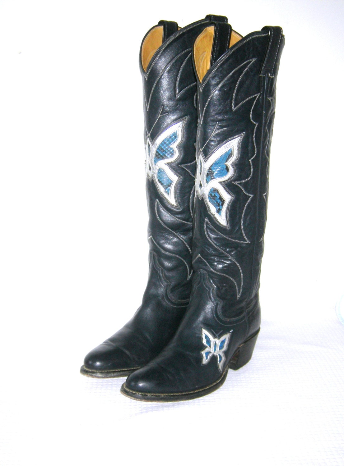 Vintage 1970s Justin Cowboy Boots Butterfly Inlay Snakeskin
