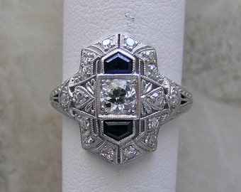 Antique Engagement Ring Diamond Sapphire Filigree Art Deco